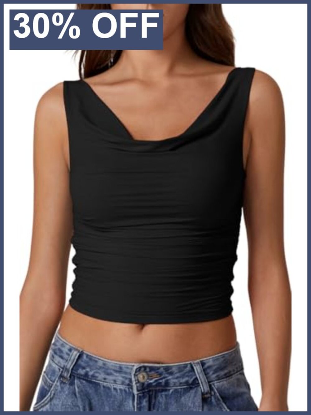 QINSEN Cowl Neck Sleeveless Ruched Double Lined Crop Top Y2K